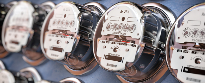 Close up of electric meters in a row measuring power use
