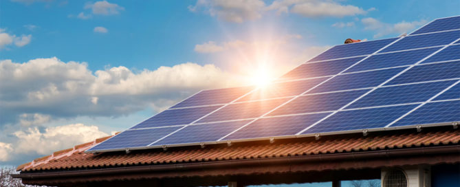 Solar panel on roof with sun coming up