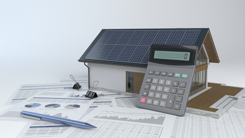 House with photovoltaic solar panel and calculator and documents - 3d illustration