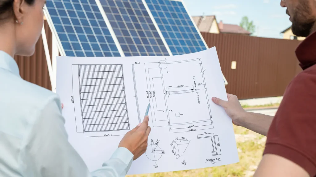 engineers discussing best solar installation plan.